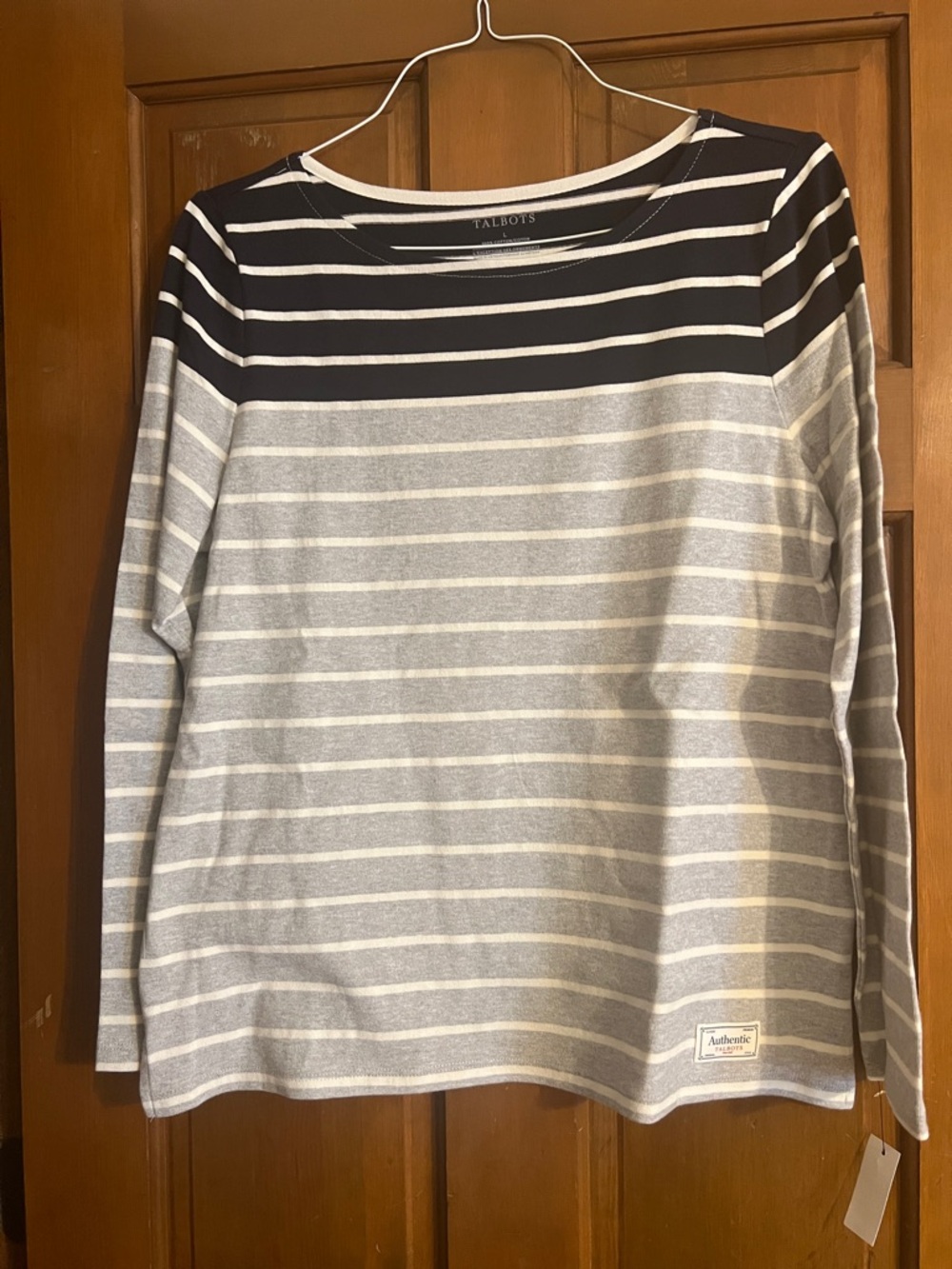 NWT, Talbots Navy and Light Gray Striped Boatneck Sweater, size Large